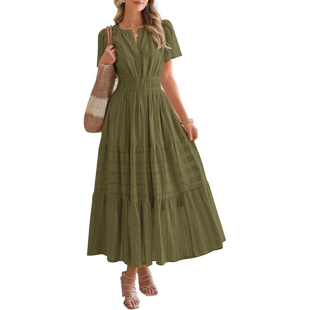 Women's Army Green V Neck Short Sleeve A Line Summer Casual Maxi Dress Pockets